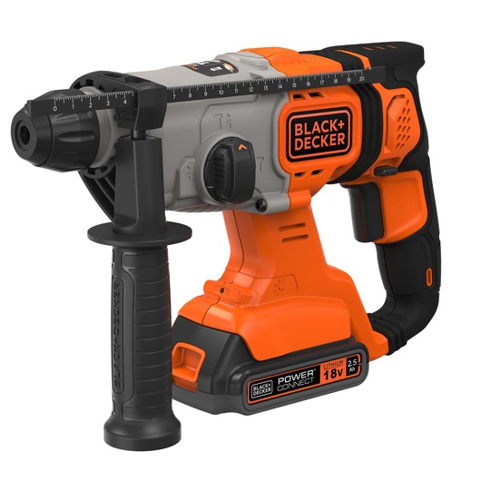 Photo of BLACK+DECKER BCD900E2K cordless rotary hammer drill, orange and black, side angle with handle and battery visible.