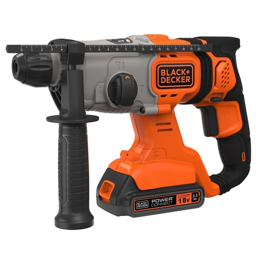 BLACKDECKER BCD900E2K cordless rotary hammer drill, orange and black, side angle, 18V Power Connect.
