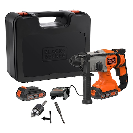 BLACK+DECKER BCD900E2K cordless rotary hammer drill with carrying case, battery, charger, chuck, drill bit, and key, front angle.
