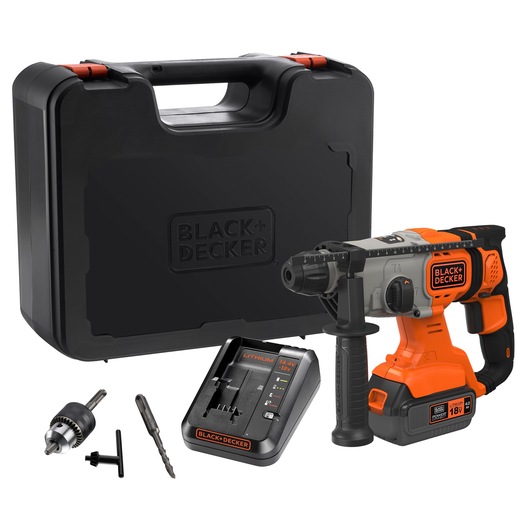 BLACK+DECKER BCD900M1K cordless hammer drill set, with orange and black drill, charger, bits, and black carrying case, front angle.