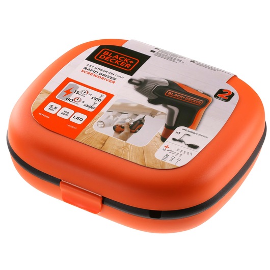 Photo of BLACK+DECKER BCF611CK screwdriver kit in orange hard case, angled view showing product label and tool details.