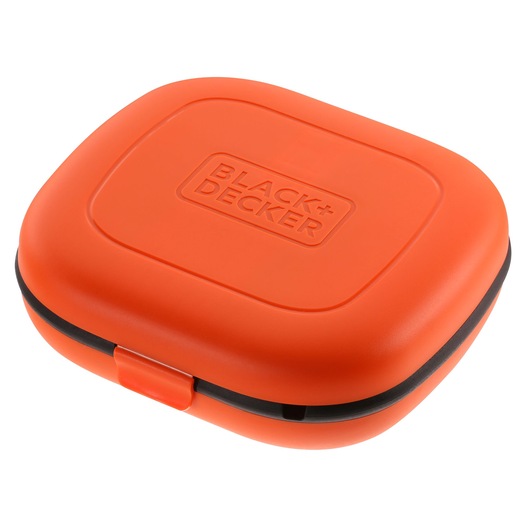 BLACK+DECKER BCF611CK orange rectangular hard case with rounded edges, top view on white background.