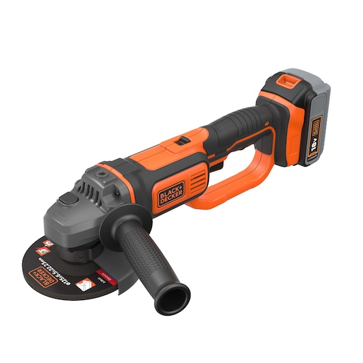 BLACK+DECKER cordless angle grinder with orange and black design, featuring an 18V lithium battery, side handle, and cutting disc.