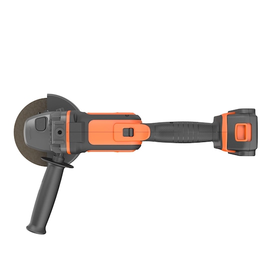 Cordless angle grinder with orange and black casing, viewed from above, featuring a side handle and battery compartment.