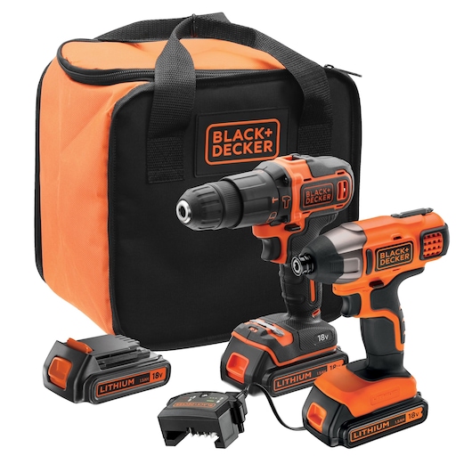 BLACK+DECKER tool kit featuring an orange and black carrying bag, an 18V lithium cordless drill, an 18V lithium cordless impact driver, two 18V lithium batteries, and a battery charger.
