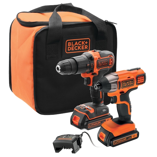 A BLACK+DECKER photography kit featuring an orange and black carrying bag, a cordless drill, a cordless impact driver, and a battery charger.