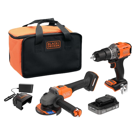 BLACK+DECKER BCK24E1SB cordless power tool combo kit with drill, angle grinder, charger, battery, and orange-black tool bag, front angle.
