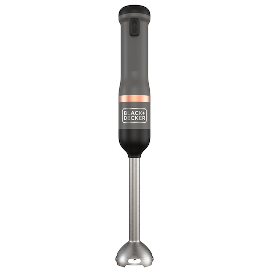 A BLACK+DECKER hand blender with a black handle, copper accent, and stainless steel blending shaft.