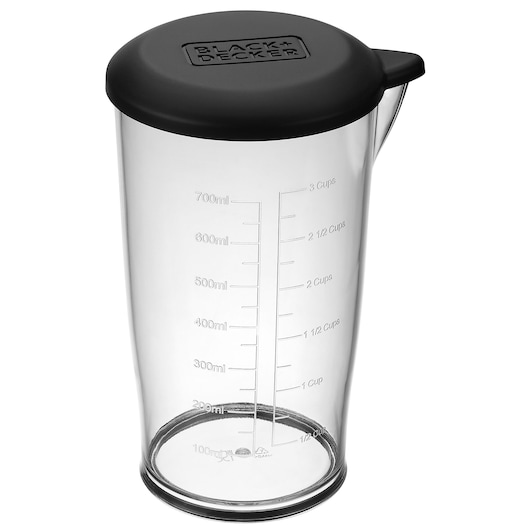 BLACKDECKER BCKM1012KR clear measuring cup with black lid, side view on white background.