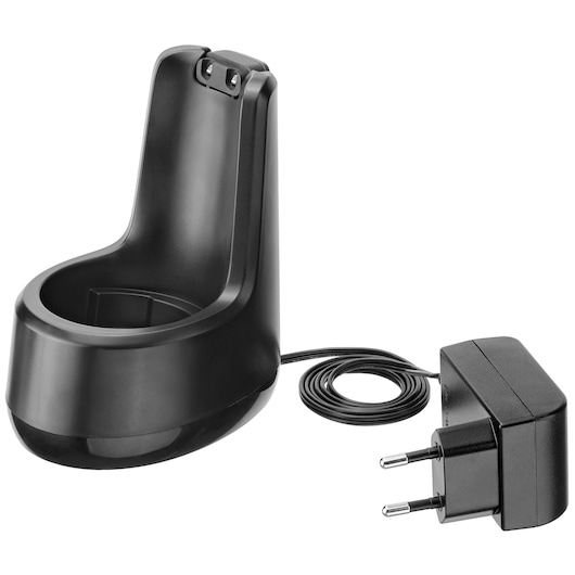 BLACKDECKER BCKM1016KSB black charging base and power adapter, front angle on white background.