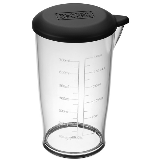 Photo of BLACK+DECKER BCKM1016KSG clear measuring cup with black lid, visible measurement markings, front angle.