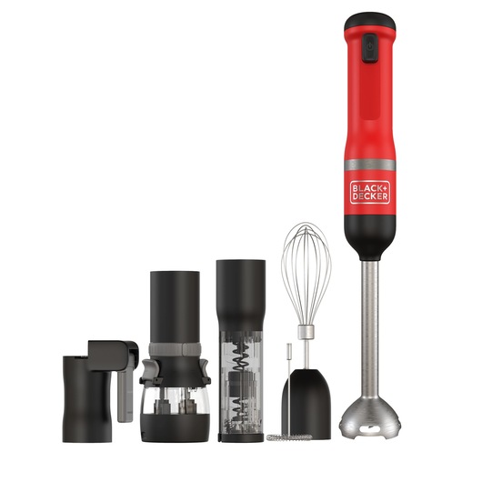A BLACK+DECKER kitchen appliance set including a red and black hand blender with various attachments: chopper, whisk, grinder, and mixing attachments, all displayed upright on a white background.