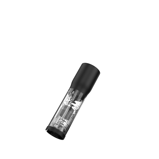 Photo of BLACKDECKER BCKM1016KSR electric wine opener, black and transparent, angled on white background.