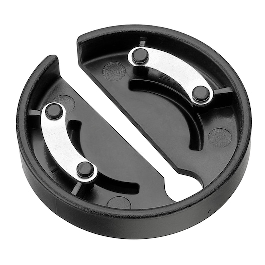 BLACKDECKER BCKM1016KSR circular black plastic accessory with two metal clips, top-down view on white background.