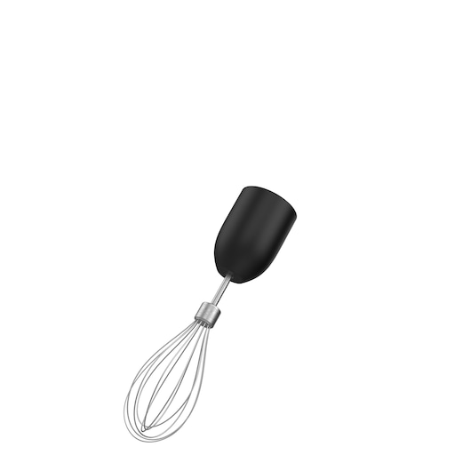 BLACK+DECKER BCKM1016KSR metal whisk mixer attachment with black housing, angled on white background.