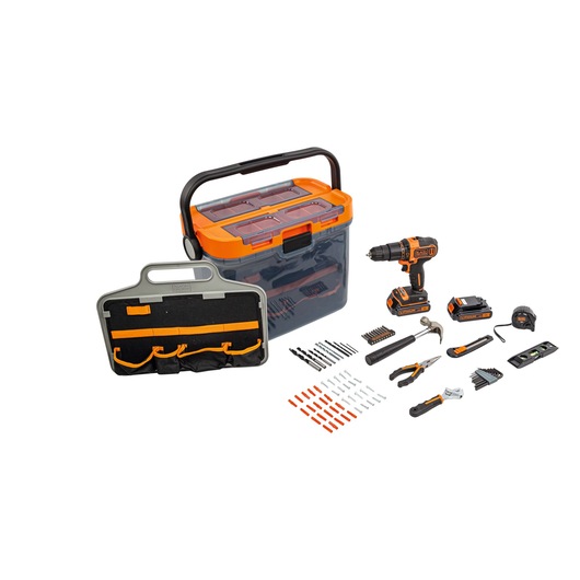 BLACKDECKER BCKSB04 tool kit with drill, toolbox, hand tools, accessories, and carry case, front angle on white.
