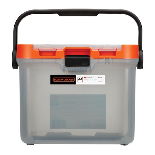 A transparent plastic storage box with an orange lid and black handle, featuring the BLACK+DECKER logo and product information on the front.