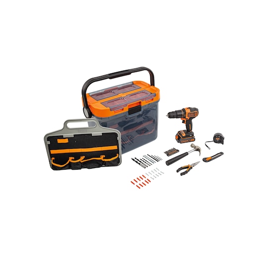 BLACK+DECKER BCKSB05 tool kit with cordless drill, storage box, tool pouch, tape measure, pliers, cutter, hammer, drill bits, and accessories, front angle.