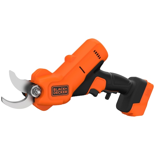 A BLACK+DECKER cordless electric pruning shear with an orange and black body, featuring a curved metal blade and ergonomic handle.