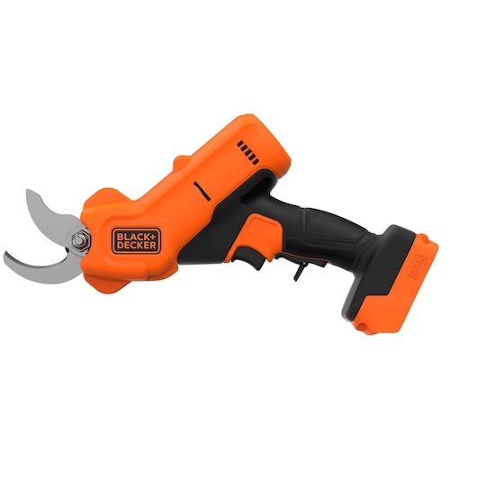 Cordless electric pruning shears in orange and black with a BLACK+DECKER logo, shown on a white background.