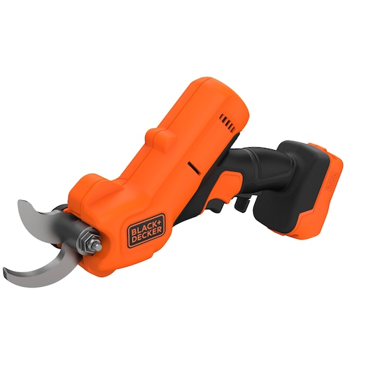 A BLACK+DECKER cordless electric pruning shears with an orange and black body, featuring a sharp curved blade and ergonomic handle. The tool is designed for garden and plant maintenance.
