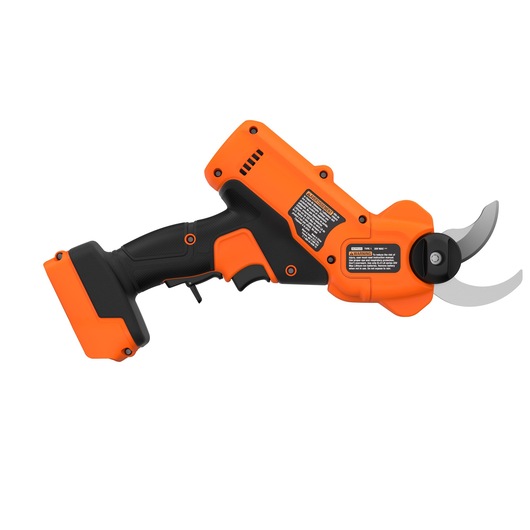 Cordless electric pruning shears with an orange and black design, shown isolated on a white background.