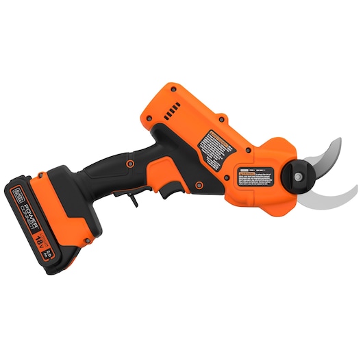 Cordless electric pruning shears from BLACK+DECKER, featuring an orange and black ergonomic handle, silver blades, and a detachable 18V battery pack.