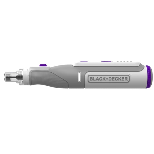 A BLACK+DECKER branded electric pet nail grinder, shown in a side profile view. The tool is predominantly grey and white with purple accents, featuring a textured grip and a transparent safety cap on the grinding end.