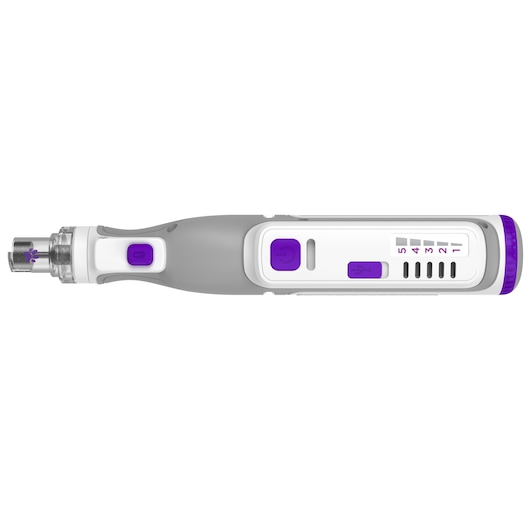 A close-up image of a BLACK+DECKER pet nail grinder tool with purple accents, displaying its ergonomic handle, control buttons, and speed indicator.