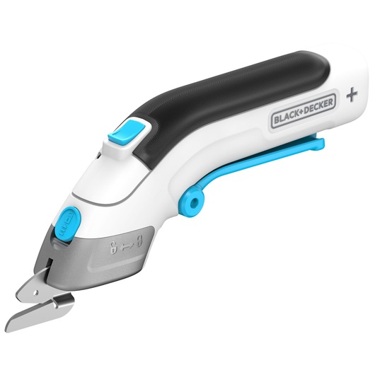 Photo of BLACK+DECKER BCSC115 electric cutter, white and black with blue accents, side angle on white background.