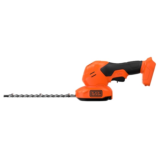 An 18V cordless handheld hedge trimmer by BLACK+DECKER, with an orange and black body and ergonomic handle.