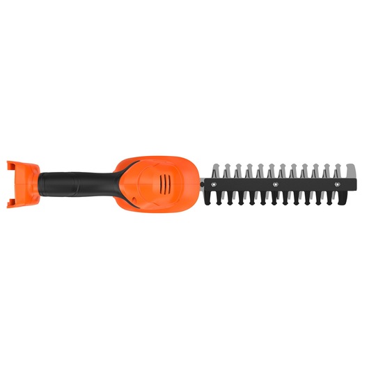 A BLACK+DECKER orange and black electric hedge trimmer viewed from above, showing the handle and blade.