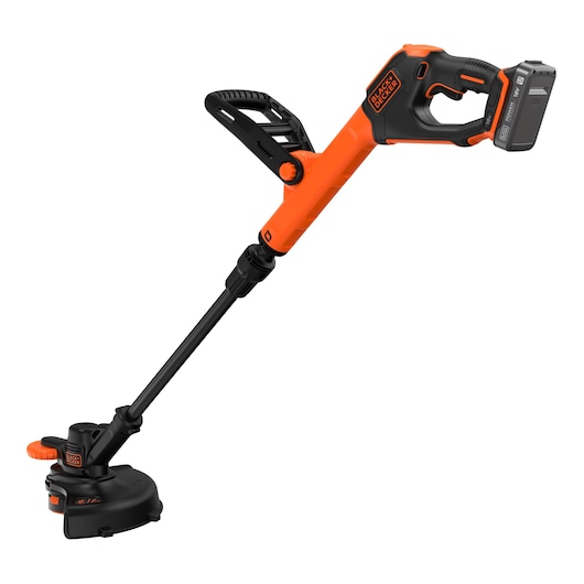 A BLACK+DECKER cordless grass trimmer with an orange and black design, including a battery pack attached to the handle and an adjustable auxiliary handle.