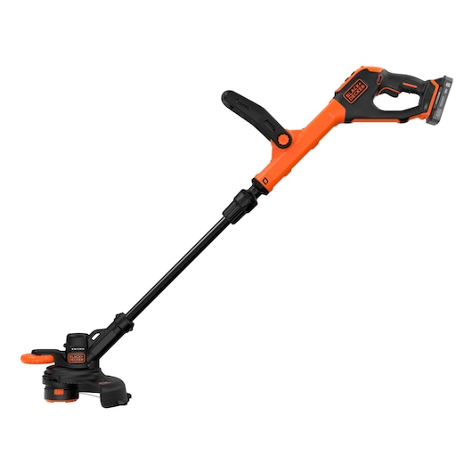 BLACK+DECKER cordless grass trimmer with orange and black design, featuring an adjustable handle and a long shaft.