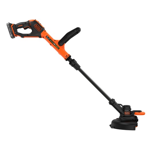 A BLACK+DECKER cordless grass trimmer with an orange and black design, featuring a long adjustable shaft and ergonomic handle.