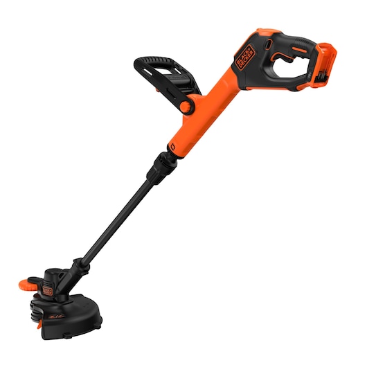 Cordless orange and black string trimmer with ergonomic handle, made by BLACK+DECKER. The product is shown against a white background.