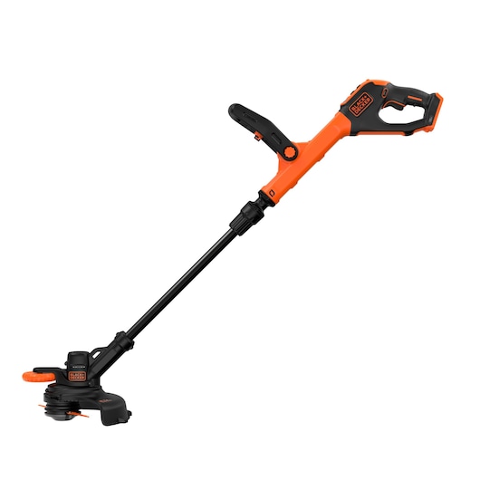 A BLACK+DECKER orange and black cordless grass trimmer with an ergonomic handle and adjustable shaft, designed for garden and lawn maintenance.