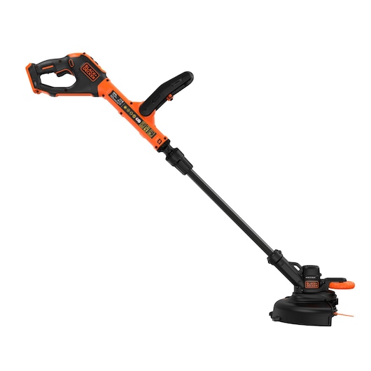 A BLACK+DECKER cordless orange and black string trimmer with an adjustable handle and shaft. The trimmer is designed for lawn and garden maintenance.