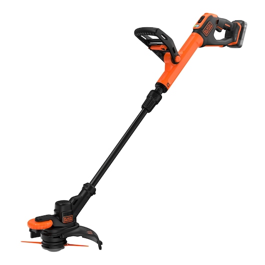Front-side view of the BLACK+DECKER® 18V POWERCONNECT™ Cordless STRIMMER® 25cm Blade Trimmer.