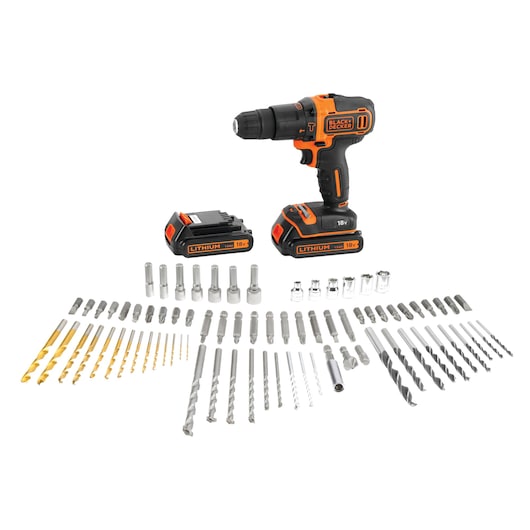 BLACK+DECKER cordless drill set with two 18V lithium batteries, assorted drill bits, screwdriver bits, and socket attachments, displayed on a white background.