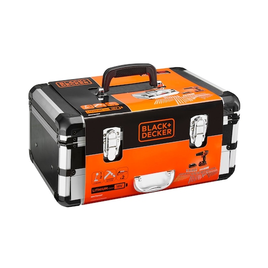 BLACK+DECKER tool case with orange and black design, featuring a sturdy handle, metal latches, and product labeling for an 18V lithium tool kit.