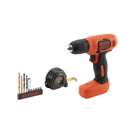 A BLACK+DECKER cordless drill with a black and orange design, shown alongside a set of drill bits and screwdriver bits in a holder and a BLACK+DECKER branded tape measure.
