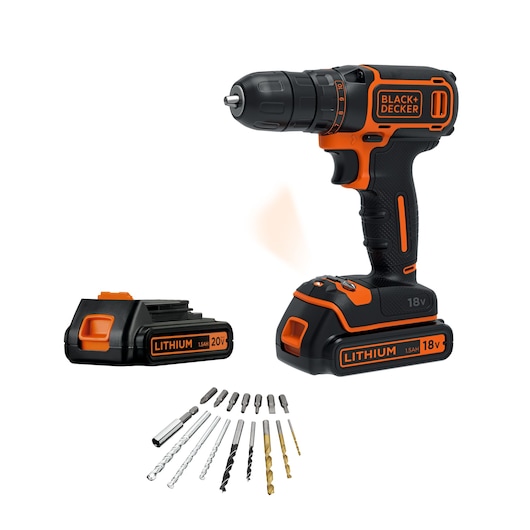 A BLACK+DECKER cordless drill with an 18V lithium battery, an extra 20V lithium battery, and a set of drill bits and screwdriver bits, all displayed on a white background.