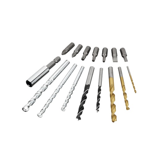A set of BLACK+DECKER drill bits and screwdriver bits of various sizes and types, arranged in rows on a white background.