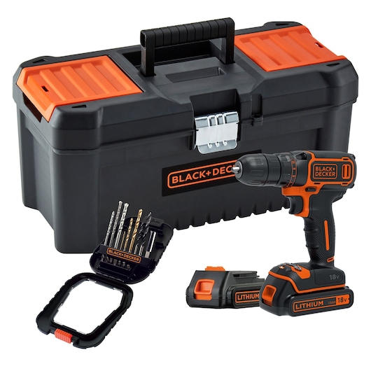 BLACK+DECKER BDCDC18BTA cordless drill kit with black and orange toolbox, drill bits, and two lithium batteries, front angle.