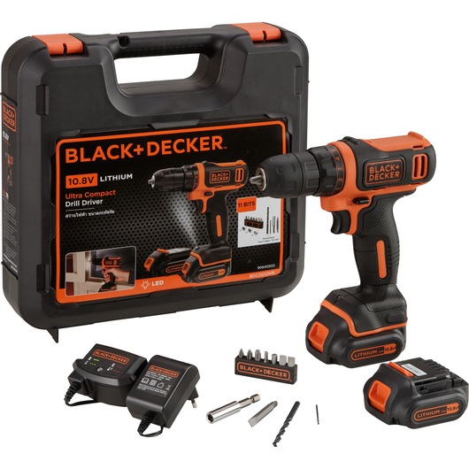 BLACK+DECKER BDCDD12KB cordless drill driver kit with case, two batteries, charger, drill bits, and accessories, angled view.