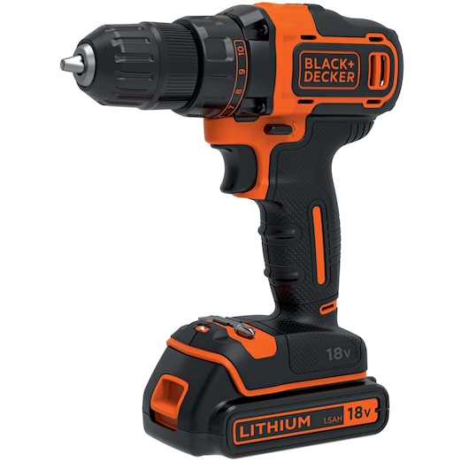 A BLACK+DECKER cordless drill driver with an 18V lithium-ion battery. The drill is black and orange with ergonomic grip, and features a keyless chuck and adjustable torque settings.