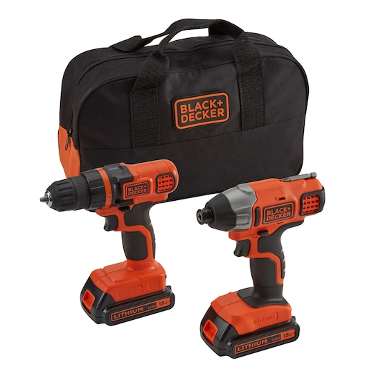 A BLACK+DECKER tool kit including an 18V lithium-ion cordless drill, an 18V lithium-ion cordless impact driver, and a black and orange carrying bag with BLACK+DECKER branding.