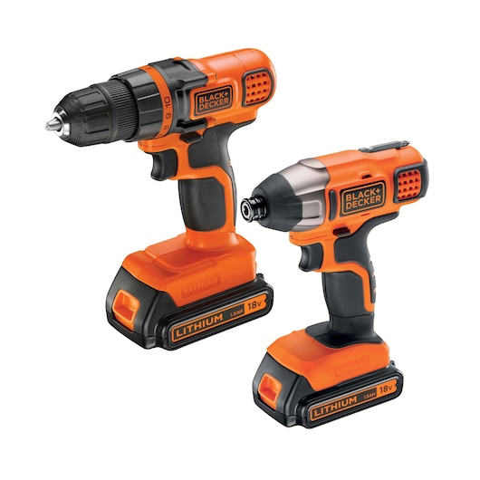Two BLACK+DECKER cordless power tools, one is a drill driver and the other is an impact driver, both with orange and black design and attached 18V lithium batteries.