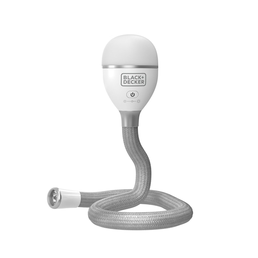 BLACKDECKER BDCFSL01 flexible LED flashlight, silver and white, front angle on white background.